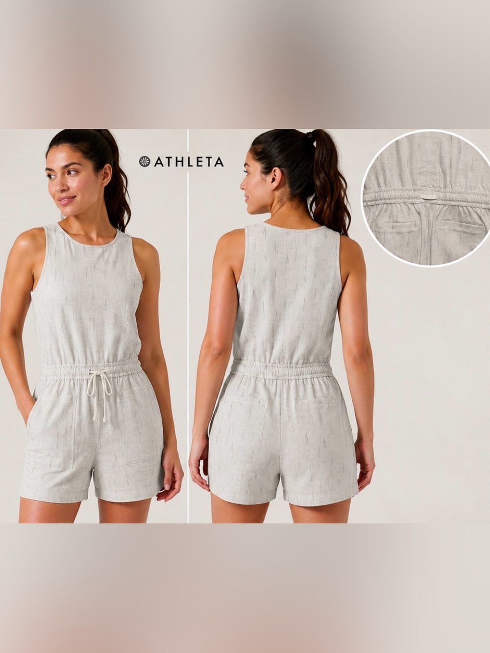 Athleta Romper Women’s Small White Gray Sleeveless Drawstring Pockets